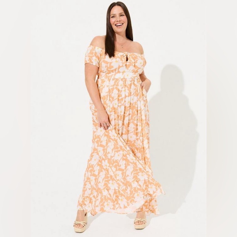 Torrid Maxi Gauze Off Shoulder Tie Front Dress